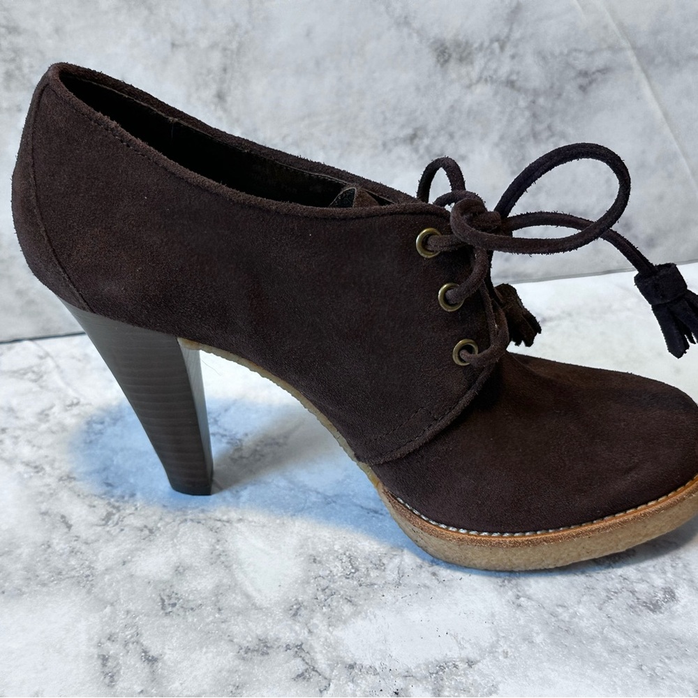 COACH Dark Brown Suede TULLAH Oxford Lace up Bootie Heels Size 7.5